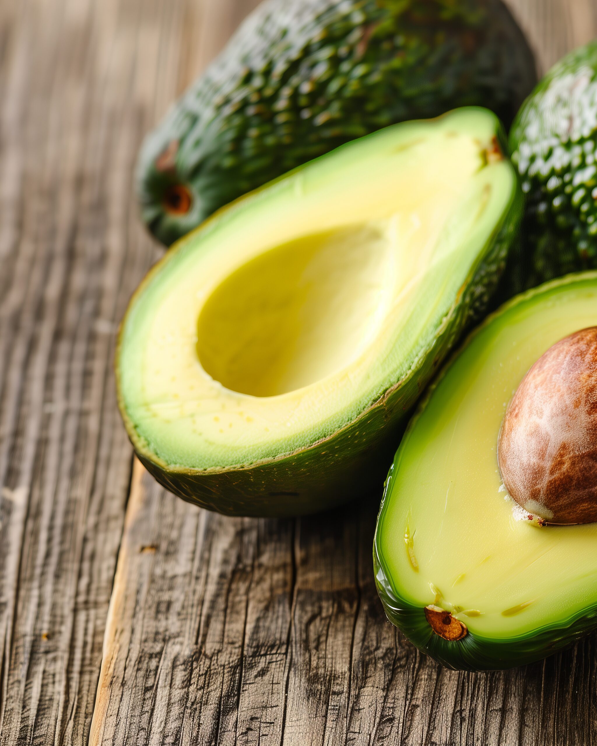 Two avocado halves, one still holding its stone, beside whole avocados on weathered grey planks.