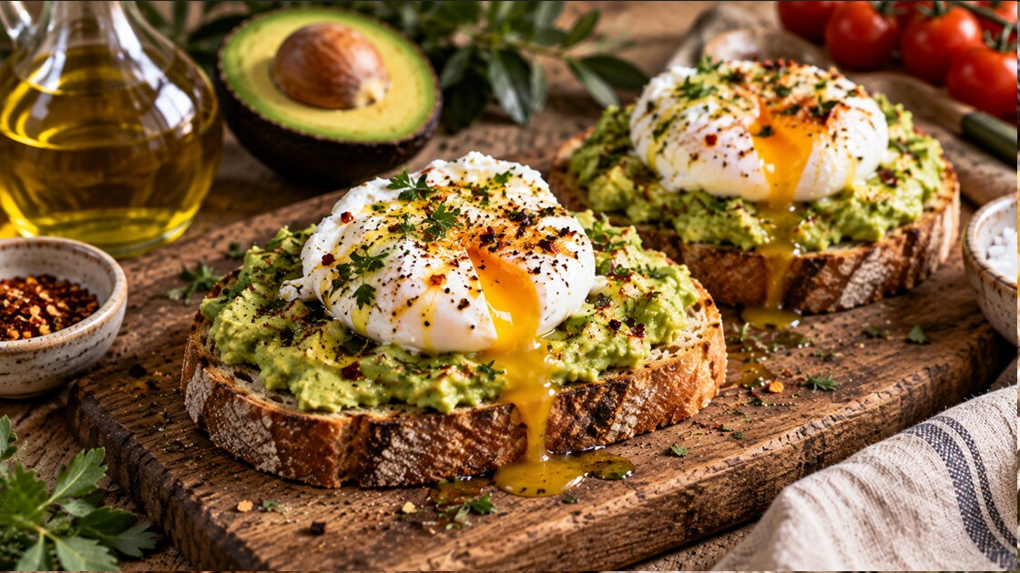Two thick slices of toasted sourdough spread with mashed avocado, each topped with a poached egg cut open so the yolk runs, scattered with herbs, chilli flakes and cracked pepper, on a wooden board beside a carafe of olive oil and a halved avocado.