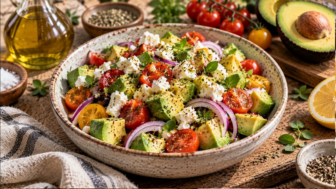 A wide speckled bowl of diced avocado, halved red and yellow cherry tomatoes and sliced red onion, topped with crumbled white cheese, oregano leaves and cracked black pepper, on a wooden table beside a carafe of olive oil, a halved avocado and a halved lemon.