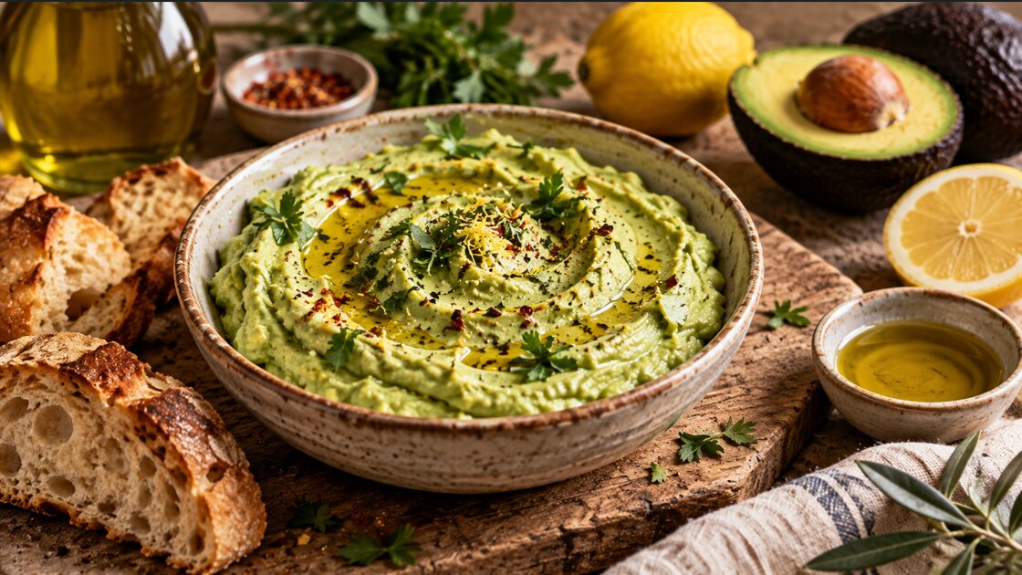 A speckled bowl of smooth pale green avocado dip, swirled and pooled with olive oil and scattered with parsley leaves and chilli flakes, beside thick slices of rustic bread, a whole and a halved lemon and a halved avocado.