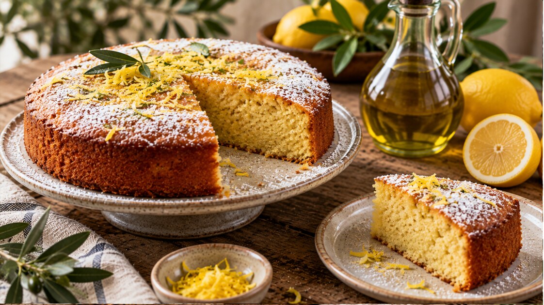 A round golden cake on a ceramic stand, dusted with icing sugar and strewn with lemon zest, one wedge cut away and plated to show the open crumb, beside a glass carafe of olive oil, whole and halved lemons and olive sprigs.