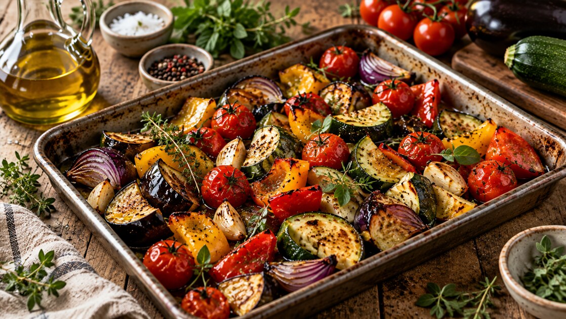 A metal baking tray of roasted aubergine, courgette, red and yellow pepper, red onion wedges and cherry tomatoes, browned and blistered at the edges and scattered with thyme and oregano, on a wooden table beside a carafe of olive oil.
