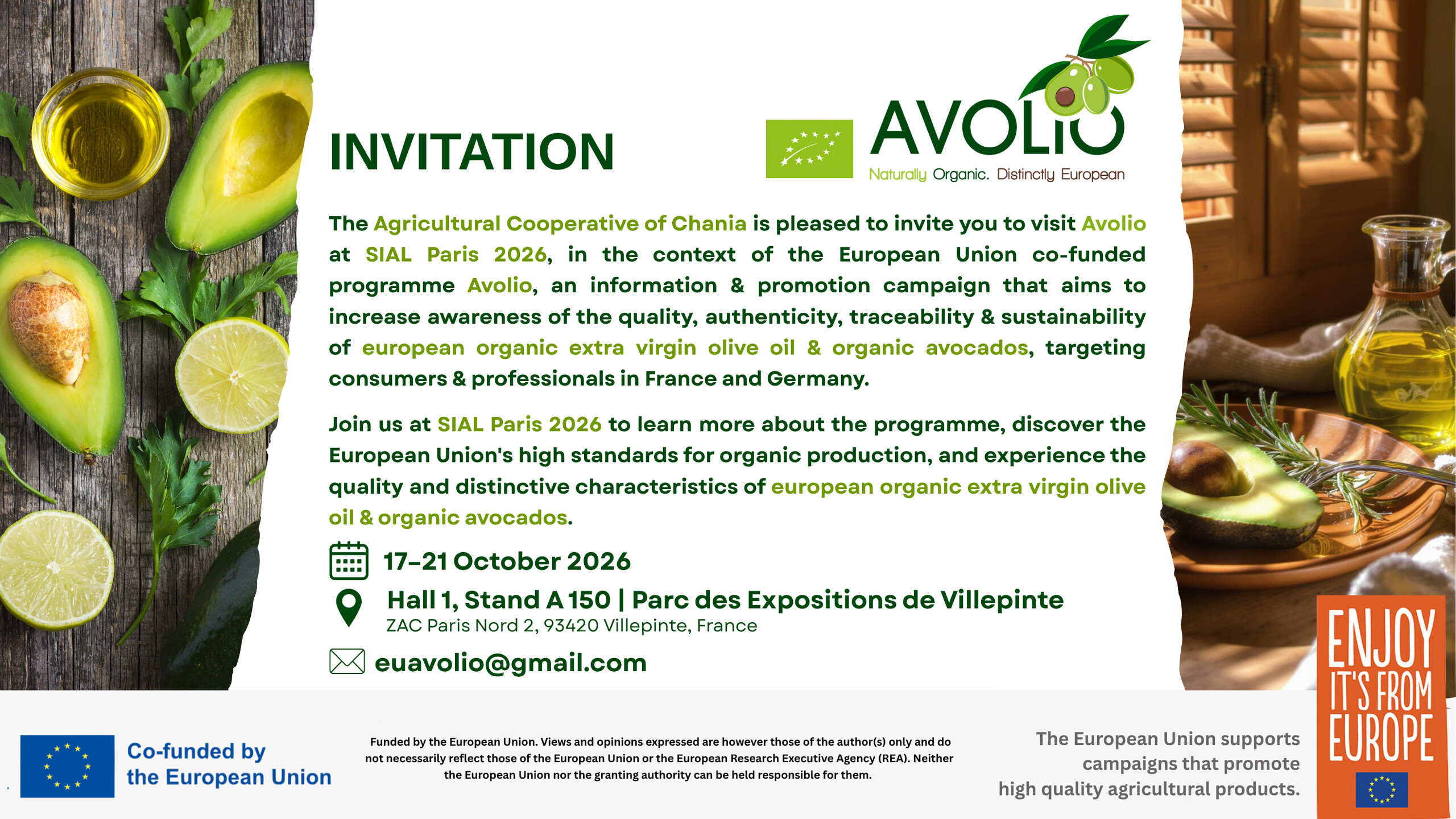 Invitation from the Agricultural Cooperative of Chania to visit AVOLIO at SIAL Paris 2026: 17–21 October 2026, Hall 1, Stand A 150, Parc des Expositions de Villepinte, ZAC Paris Nord 2, 93420 Villepinte, France; contact euavolio@gmail.com. With the EU organic logo, the “Co-funded by the European Union” emblem, the EU disclaimer, the statement “The European Union supports campaigns that promote high quality agricultural products” and the “Enjoy, it’s from Europe” signature.